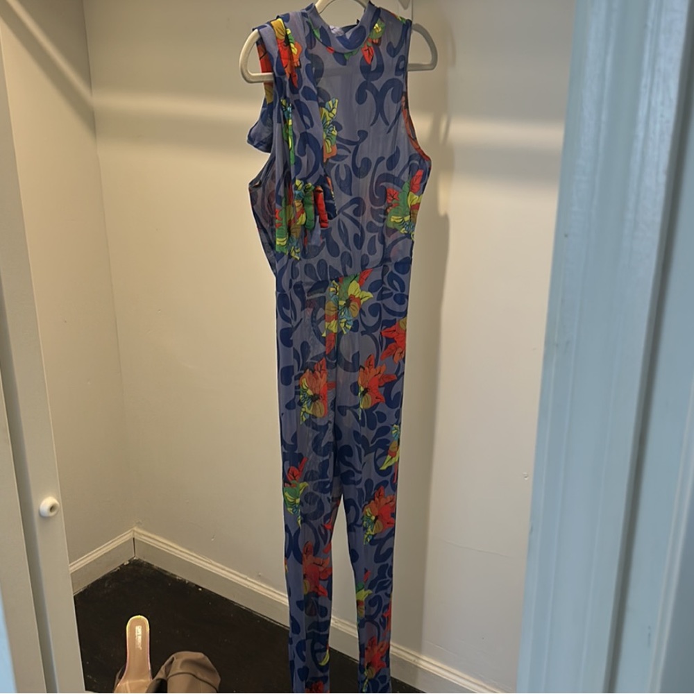 Loragal blue/multi colored jumpsuit size XL with gloves new with tags